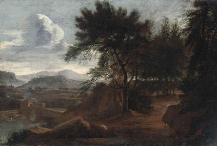 A wooded river landscape with a castellated bridge and a hill-top village beyond