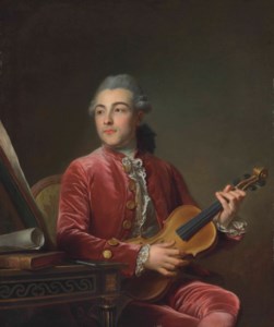 Portrait of a gentleman, half-length, seated in a red velvet jacket with a violin