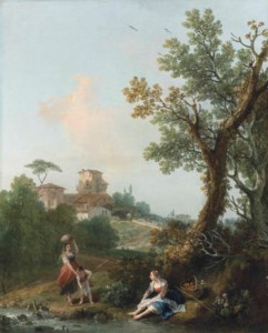 A wooded river landscape with a boy fishing and two peasant women, a village beyond