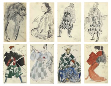 Study of a monkey; Four studies of Japanese actors; Two Japanese figures; and a seated Japanese woman holding chopsticks