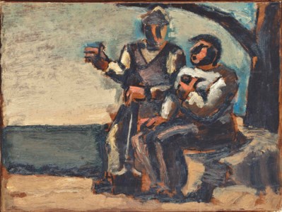 Two workmen sitting under a tree