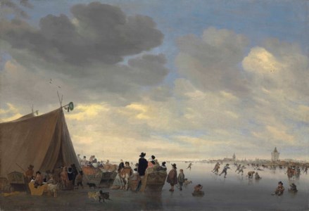 Skaters on the frozen river Lek, the town of Vianen beyond