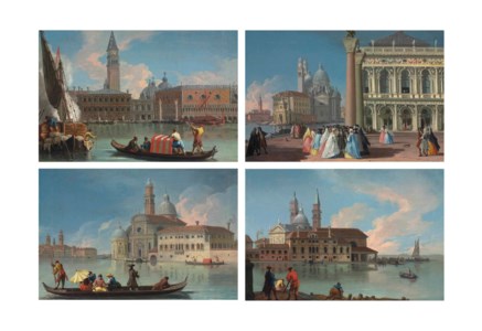 Four views of Venice: The Molo from the Bacino di San Marco, with the Zecca, Campanile and Palazzo Ducale; The Piazzetta looking towards the Libreria Sansoviniana, the Punta della Dogana and Santa Maria della Salute; The Isola di San Biagio with the Benedictine church and convent; and The Isola di San Michele with the church and monastery of San Michele in Isola