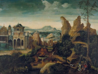 A mountainous landscape with the Feast of Herod and the Dream of Joseph