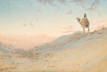 An Arab on a camel surveying the desert at dusk