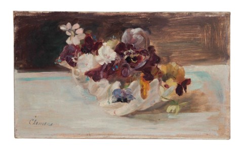 Still life with pansies in a scallop shell