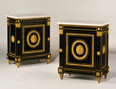 A PAIR OF CONSULAT ORMOLU-MOUNTED AND BRASS-INLAID EBONY MEUBLES D'APPUI, BY ETIENNE LEVASSEUR, CIRCA 1800
