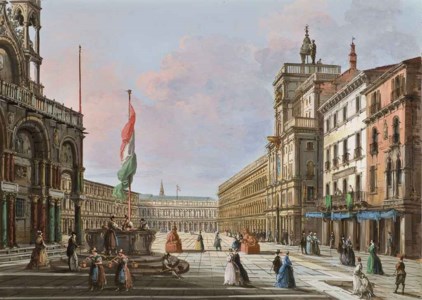 Vue de la place Saint Marc à Venise, avec la Torre dell'Orologio à droite et la basilique à gauche