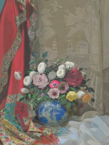 Still life with roses, anemones and chrysanthemums in a Chinese vase