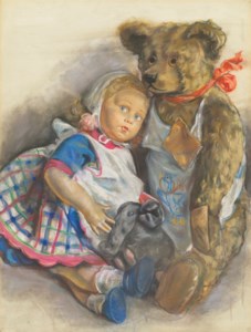 The Popoffs' toy elephant, Catherine the doll and Michel the teddy bear