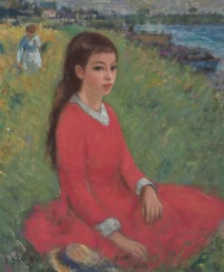 Jeune fille assise avec robe rouge