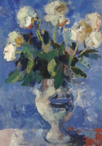 Pivoines au fond bleu