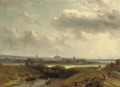 Figures conversing along a country path, a Dutch town in the distance