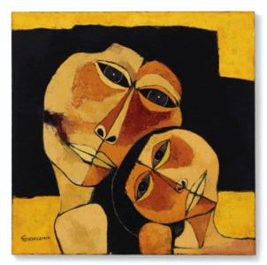 Madre y niño, fondo amarillo