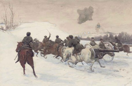 Russian artillery charging through the snows of East Prussia