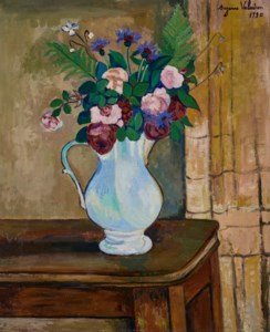 Bouquet de roses, bleuets et fougères