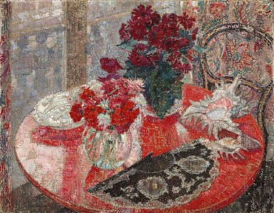 Nature morte aux fleurs, coquillages et éventail