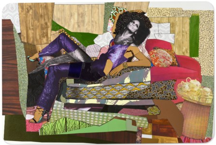 Mickalene Thomas, Racquel Reclining Wearing Purple Jumpsuit