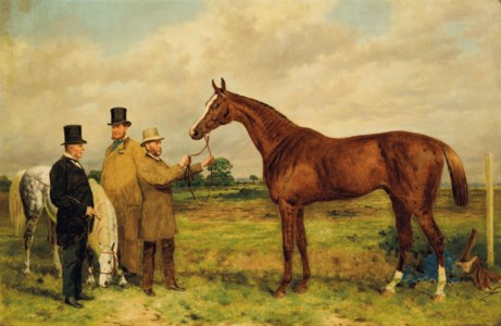 'Prince Charlie,' Winner of the Two Thousand Guineas, with Portraits of Mr. H. Jones, Owner, and Mr. Joseph Dawson, Trainer