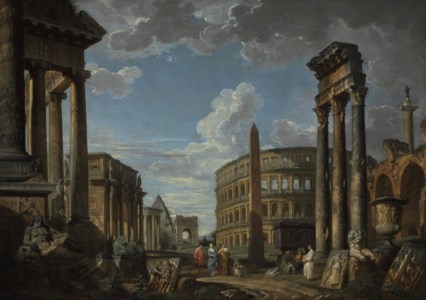 An architectural capriccio with figures among Roman ruins including the the Temple of Saturn, Arch of Constantine, Temple of Vesta, Arch of Drusus, the Colosseum, Temple of Castor and Pollux, Basilica of Maxentius and the Column of Marcus Aurelius