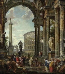 An architectural capriccio with the philosopher Diogenes and other figures by a fountain beneath a portico with the Colosseum, the column of Trajan, Hercules and the Hydra, the Farnese Hercules, and the Farnese Flora