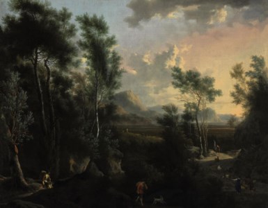 Figures in a valley landscape at dawn