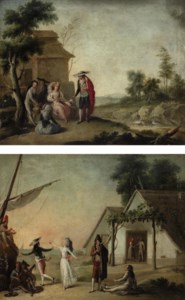 An elegant couple dancing the bolero; and Elegnat figures in a landscape