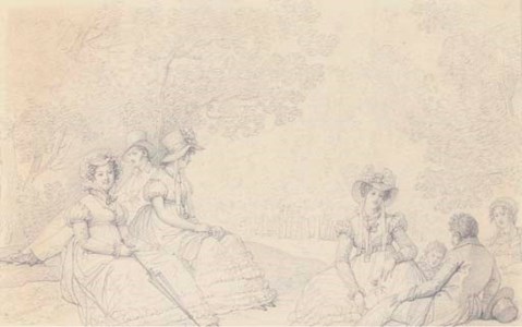 Elegant company picnicking in the wood