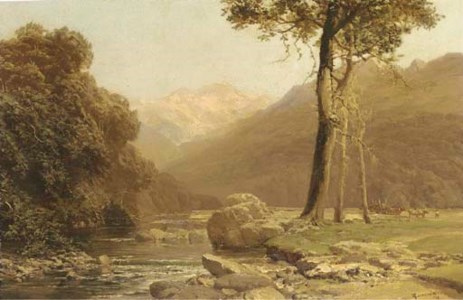 A Chilean landscape with a bullock cart on a track by a river, the Andes beyond