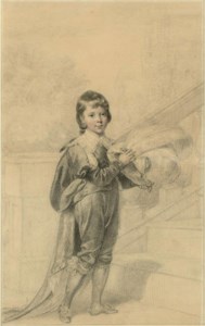 Portrait of George, prince of Wales (1762-1830), full-length, in a black costume with lace collar, holding a feathered hat