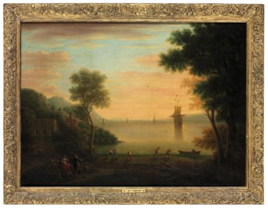 An Italianate landscape at sunset, with figures and fishermen in the foreground