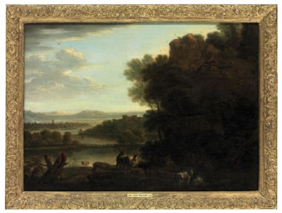 An extensive river landscape, with a goatherd and goats