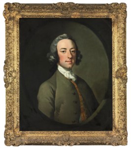 Portrait of a gentleman, said to be William Lock (1732-1810), bust-length, in a grey coat, a gold-embroidered blue waistcoat and white stock, in a sculpted cartouche