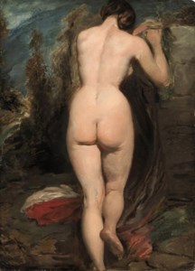 Female nude, seen from behind, leaning on a rock