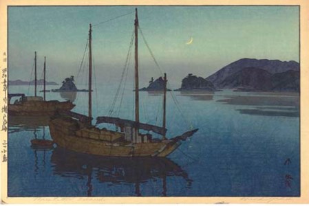 Mitsukojima/Three Little Islands , from the series Setonaikai (The Inland Sea, second series), 1930 Yoshidamura/Fujiyama from Yoshida , from the series Fuji jukkei (Ten views of Mount Fuji), 1926 Musashino/Fujiyama from Musashino , from the series Fuji jukkei (Ten views of Mount Fuji), 1928 Nakabusagawa honryu/Nakabusa River [rapids], 1926 Itoigawa nite/Itoigawa evening , 1924.4 Yanagi ni ishibashi /Willow and stone bridge, 1926 Setonaikai Kura/Kura in Tomonoura , 1930 Dahjiri no asa /Morning in Darjeeling, 1931 Setonaikai shizuka naru hi/A Calm Day , 1930