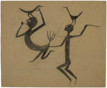 Two Figures with Pitchfork and Birds, 1939-1942