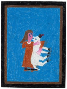 Woman with Dog on Blue