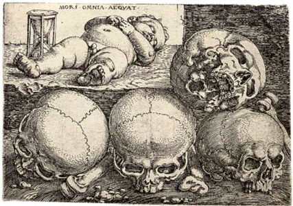 Sleeping Child with Four Skulls (Bartsch 28; Hollstein 36 III)
