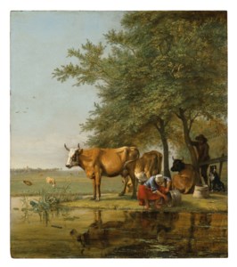Landscape with cattle and a woman cleaning a bucket by a stream