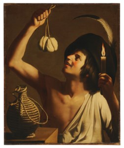 A young man holding a burning candle and a scamorza cheese, a fiasco bottle beside him