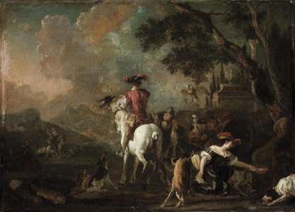 A hawking party in a wooded landscape, with an elegantly dressed lady taking water from a fountain