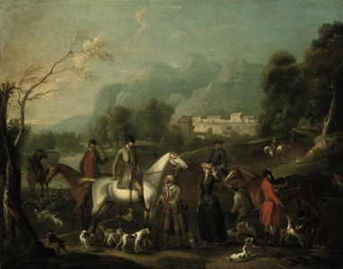 A wooded river landscape with a hunting party at rest