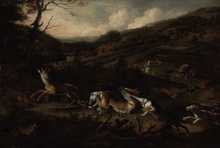 A stag hunt with hounds bringing down a stag in the foreground, huntsmen beyond