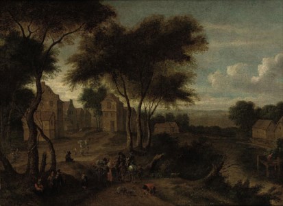 A river landscape with a village and travellers on a path