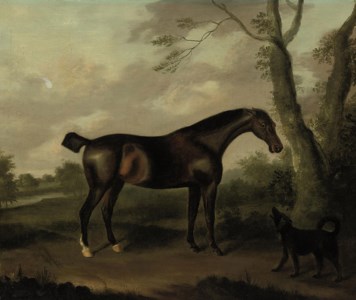 A bay hunter in a landscape with a dog