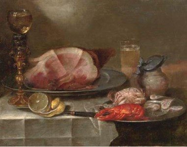 A ham on a pewter plate, a 'roemer' on a stand, a partially peeled lemon, a pewter plate with a lobster, a crab and shrimps, a pitcher and a glass of beer