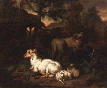 Sheep resting in a wooded landscape and a shepherdess with her dog in front of a cottage