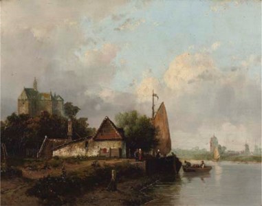 A ship moored near a Dutch town