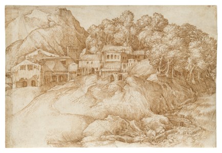 A village in a mountainous landscape, a wood behind and a stream to the right