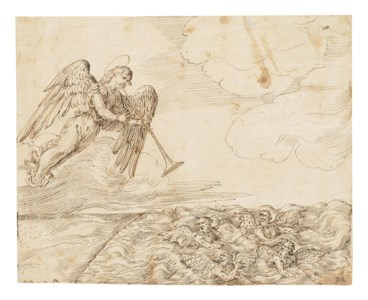 An angel blowing his trumpet at four winged devils struggling in the sea